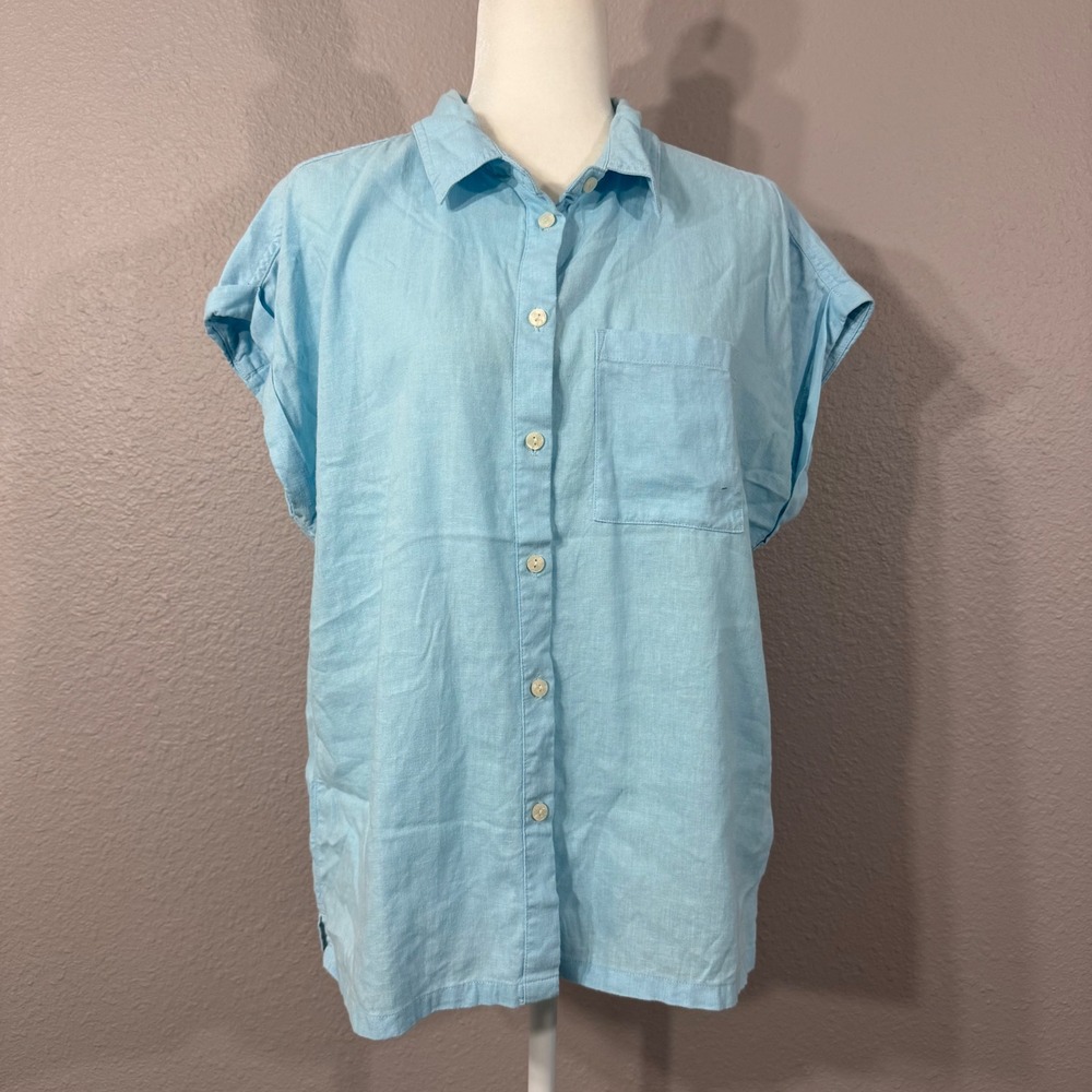 Orvis Women's Size‎ L Baby Blue Linen Rayon Cap Sleeve Pocket Button Up Shirt